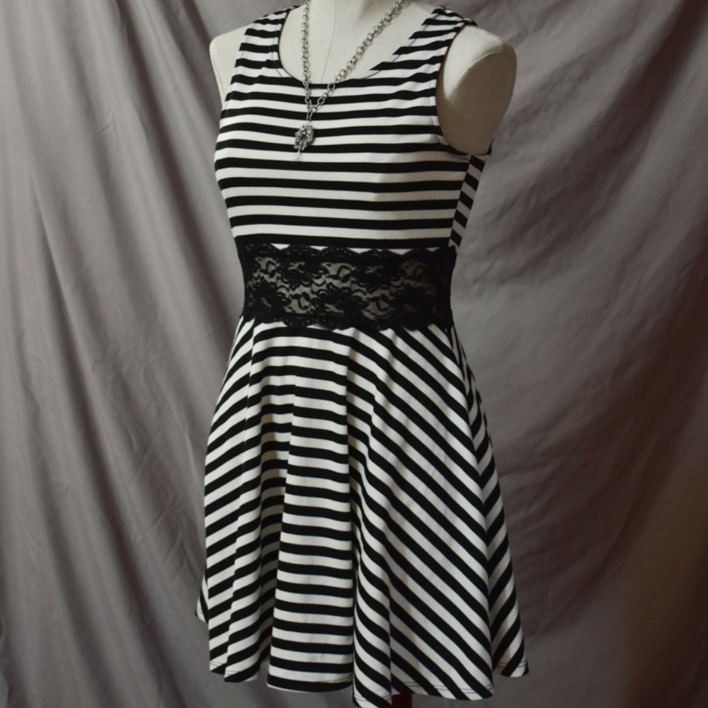 Striped Skater Dress with Lace waistband